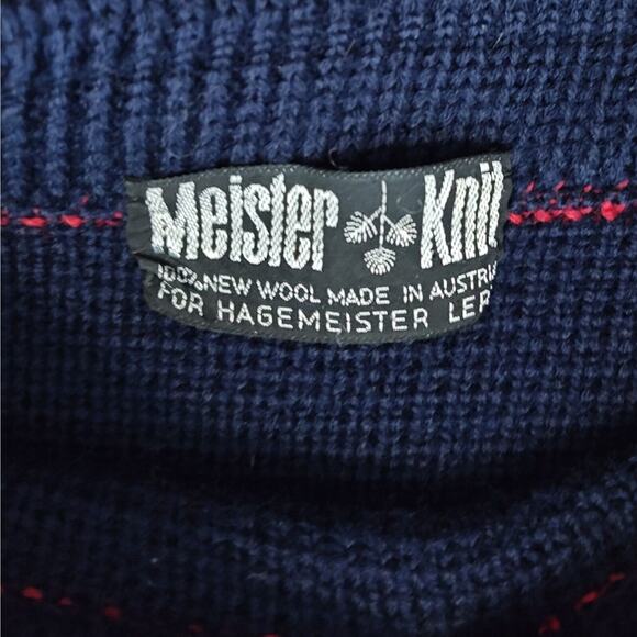 VTG Meister Knit New Wool Sweater Women's L Blue Red Pull Over Austria Boat Neck - Picture 4 of 5